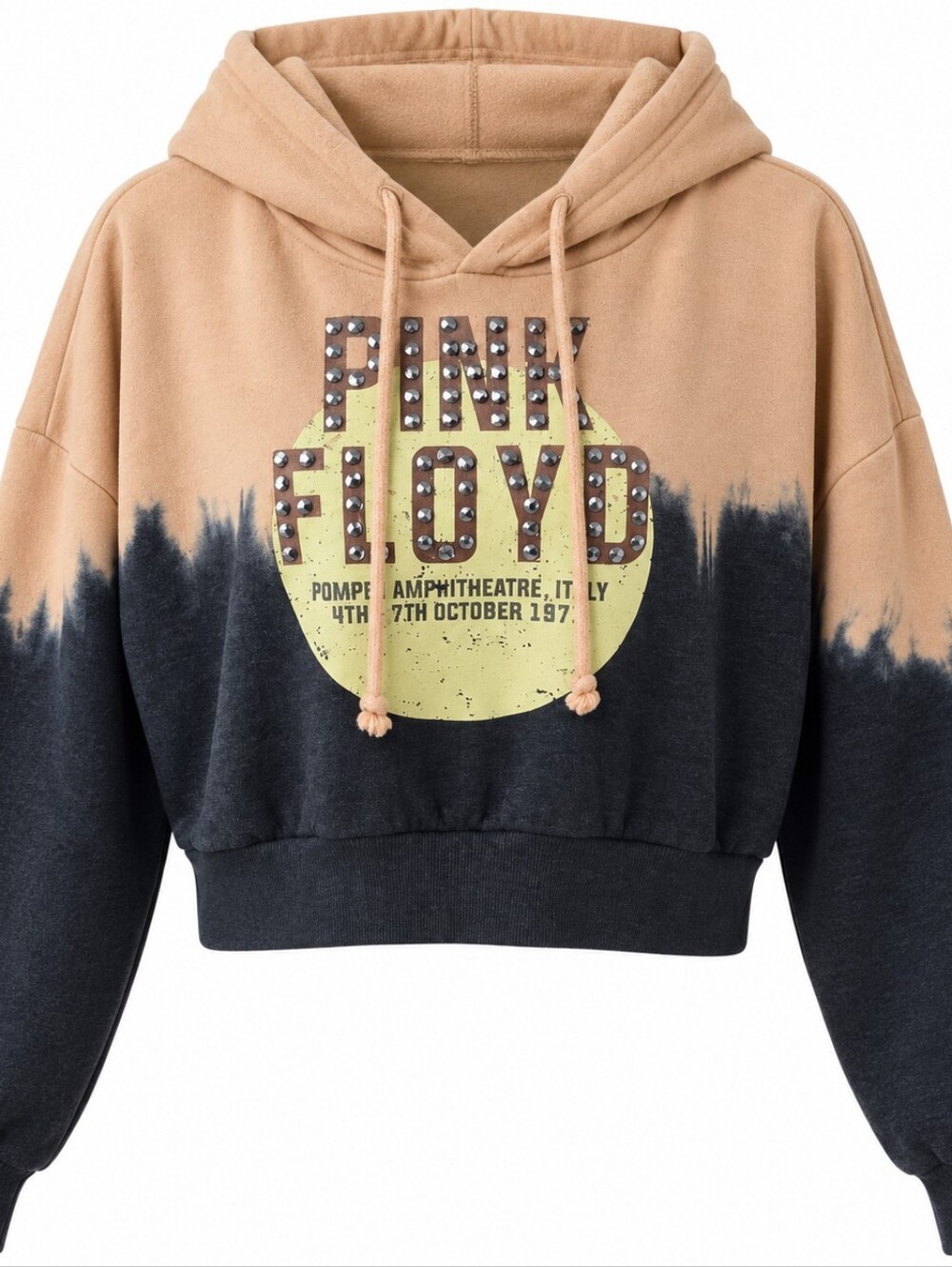 Pink Floyd Cropped Hoodie Medium Studded Graphic Sweatshirt Tan Black, Dip Dye